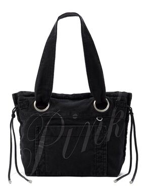 VS PINK Canvas Flat Bottom Tote Bag Purse Black Logo Viral Handbag